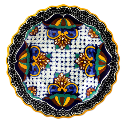 Ceramic serving bowl, 'Zacatlan Sunflower' - Artisan Crafted Ceramic 13 inch Floral Serving Bowl