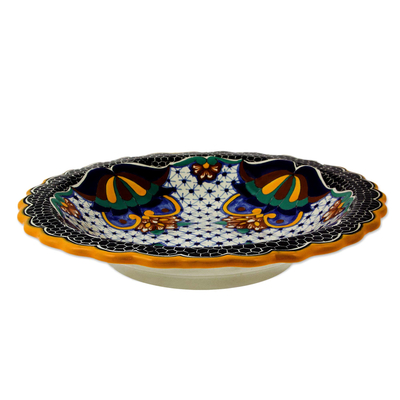 Ceramic serving bowl, 'Zacatlan Sunflower' - Artisan Crafted Ceramic 13 inch Floral Serving Bowl