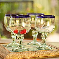 Blown glass goblets, 'Cobalt Kiss' (set of 4) - Cobalt Blue Rim Hand Blown 18 oz Wine Glasses (Set of 4)