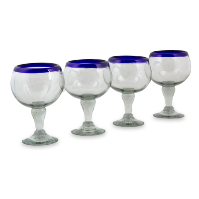 Blown glass goblets, 'Cobalt Kiss' (set of 4) - Cobalt Blue Rim Hand Blown 18 oz Wine Glasses (Set of 4)