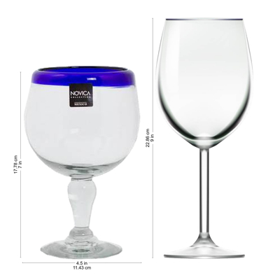 Copas de vidrio soplado, (juego de 4) - Copas de vino sopladas a mano de 18 oz con borde azul cobalto (juego de 4)