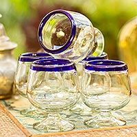 Hand blown tequila glasses, 'Cobalt Kiss' (set of 6) - Cobalt Blue Rim Hand Blown 6 oz Tequila Glasses (Set of 6)