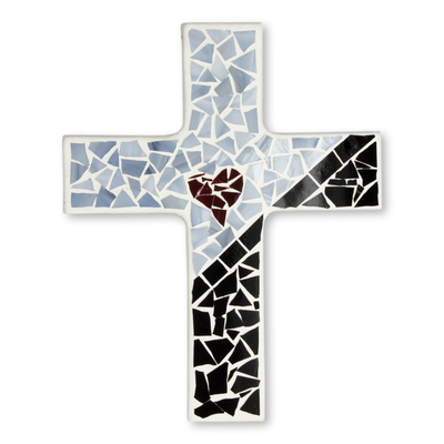 Glass mosaic cross, 'Heartbeat of Christ' - Upcycled Glass Mosaic Heart Theme Wall Cross