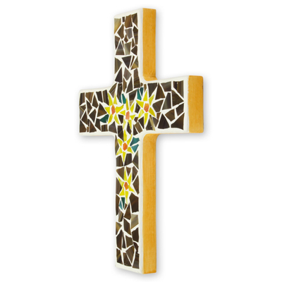 Glass mosaic cross, 'Easter Lilies' - Artisan Crafted Upcycled Glass Mosaic Wall Cross