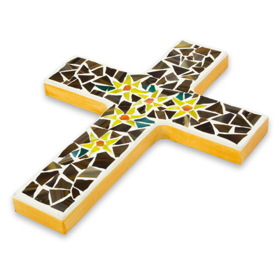 Glass mosaic cross, 'Easter Lilies' - Artisan Crafted Upcycled Glass Mosaic Wall Cross
