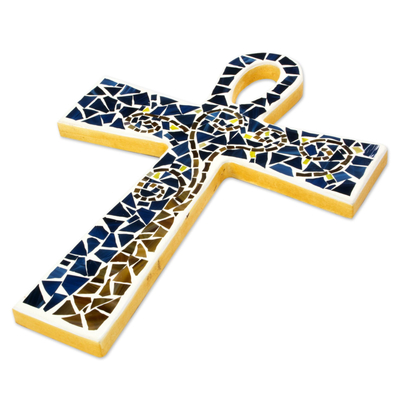 Glass mosaic ankh, 'Key to Eternity' - Blue Glass Mosaic Ankh Cross Hand Crafted in Mexico