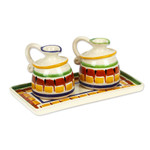 Majolica ceramic oil and vinegar set, 'Puerto Vallarta' (3 pieces) - Handcrafted Mexican Majolica Ceramic Oil and Vinegar Set