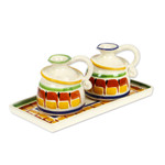 Majolica ceramic oil and vinegar set, 'Puerto Vallarta' (3 pieces) - Handcrafted Mexican Majolica Ceramic Oil and Vinegar Set