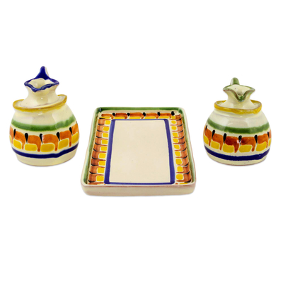 Majolica ceramic oil and vinegar set, 'Puerto Vallarta' (3 pieces) - Handcrafted Mexican Majolica Ceramic Oil and Vinegar Set