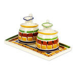 Majolica ceramic oil and vinegar set, 'Puerto Vallarta' (3 pieces) - Handcrafted Mexican Majolica Ceramic Oil and Vinegar Set