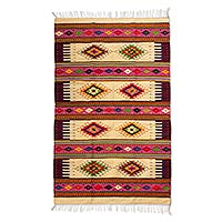Zapotec wool rug, 'Teotitlan Roses' (4.5x7) - Red Geometric Motif Handwoven Zapotec Wool Rug 4.5 x 7