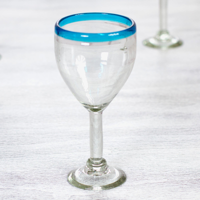 Set of 6 Mexican Blown Glass Drinking Glasses Aqua Blue Rim 
