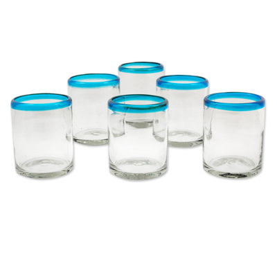 Vasos para jugo de vidrio soplado, (juego de 6) - Juego de 6 vasos de jugo transparentes con borde aguamarina soplados a mano de 8 oz