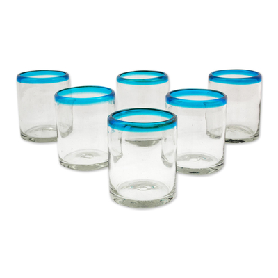 Vasos para jugo de vidrio soplado, (juego de 6) - Juego de 6 vasos de jugo transparentes con borde aguamarina soplados a mano de 8 oz