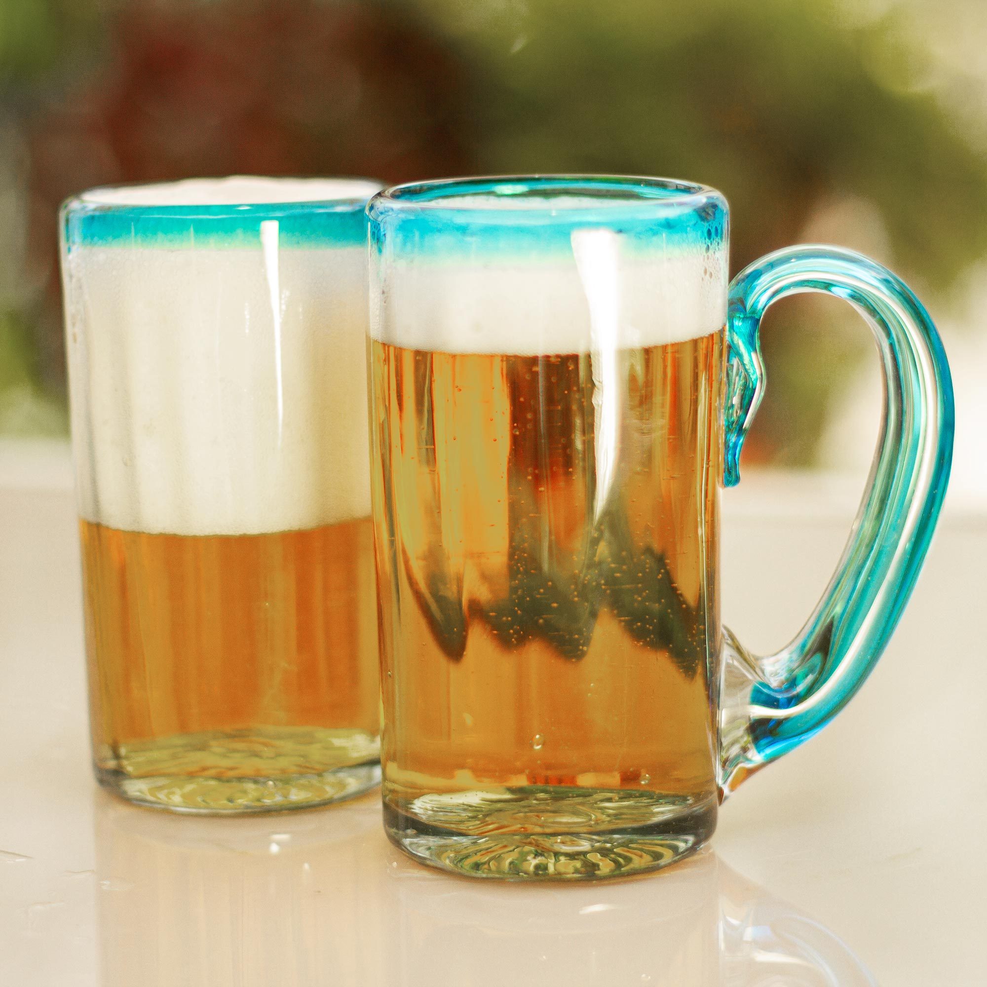 Aqua Rim and Handle Hand Blown Glass Beer Mugs (Set of 6) Aquamarine