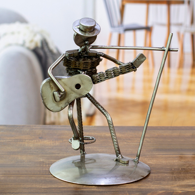 Upcycled auto part sculpture, 'Rustic Vocalist' - Metal Vocalist with Guitar Rustic Auto Part Sculpture