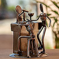 Upcycled auto parts sculpture, 'Rustic Cantina' - Upcycled Metal and Car Parts Bar Scene Sculpture from Mexico