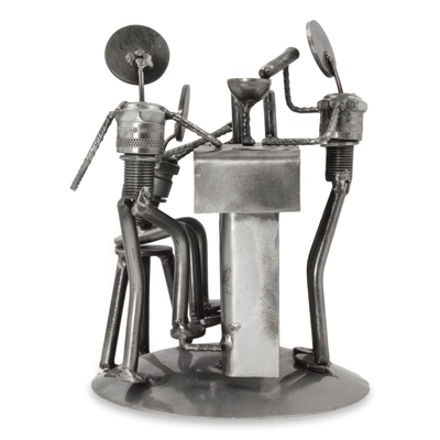 Upcycled auto parts sculpture, 'Rustic Cantina' - Upcycled Metal and Car Parts Bar Scene Sculpture from Mexico