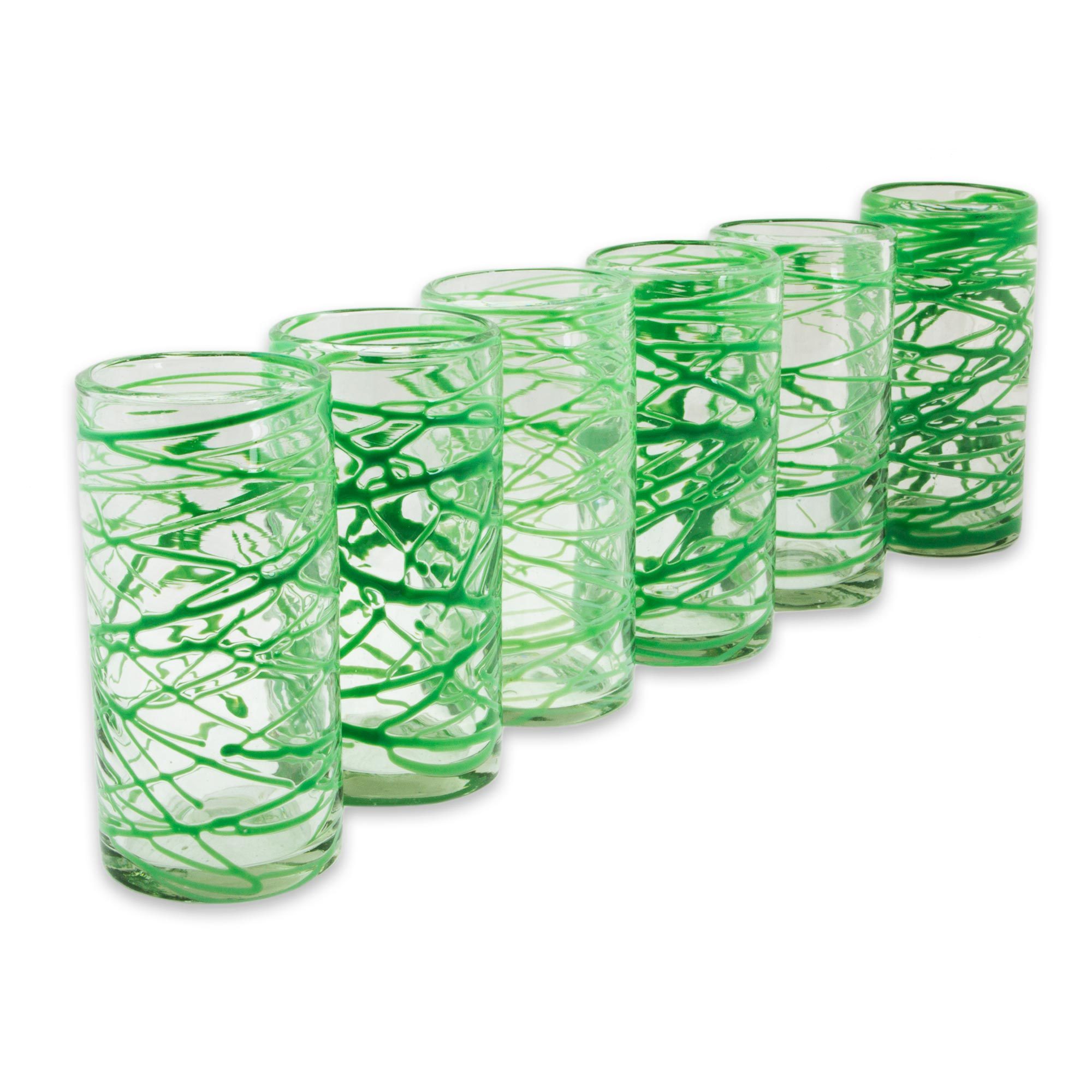 Set of 6 Green Accent Hand Blown 11 oz Highball Glasses Emerald Swirl