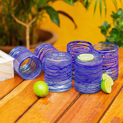 Mexican Hand Blown Art Glass Rocks Glasses Tumblers Blue Swirl Set of 4 