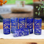 Blown glass high ball glasses, 'Sapphire Swirl' (set of 6) - Six Blue Swirl Hand Blown 11 oz High Ball Glasses