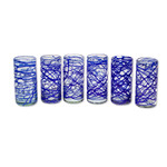 Blown glass high ball glasses, 'Sapphire Swirl' (set of 6) - Six Blue Swirl Hand Blown 11 oz High Ball Glasses
