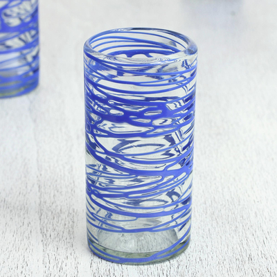 Blown glass high ball glasses, 'Sapphire Swirl' (set of 6) - Six Blue Swirl Hand Blown 11 oz High Ball Glasses