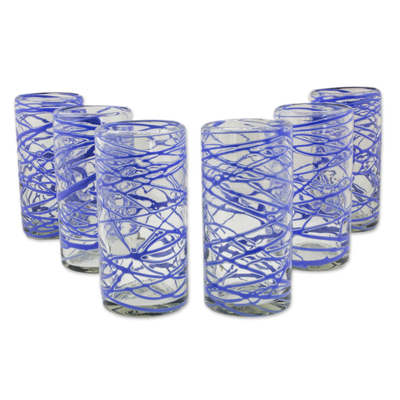 Hohe Kugelgläser aus mundgeblasenem Glas, (6er-Set) - Sechs mundgeblasene 11-oz-High-Ball-Gläser mit blauem Wirbel