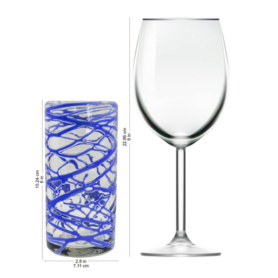 Hohe Kugelgläser aus mundgeblasenem Glas, (6er-Set) - Sechs mundgeblasene 11-oz-High-Ball-Gläser mit blauem Wirbel