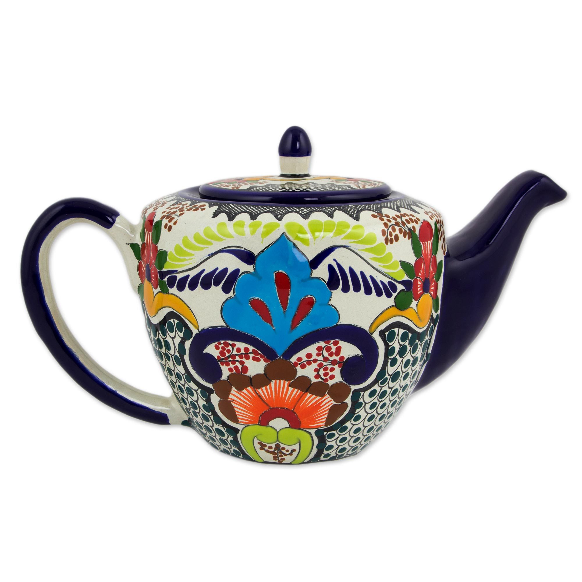 Keepers Of The Arts Talavera Gifts At Novica Ceramic Teapot Blue Teziutlan Colorful Mexican Talavera Style With Borders