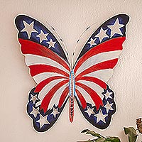 Steel wall art, 'Freedom is Fragile' - Star Spangled Steel Butterfly Wall Art from Mexico