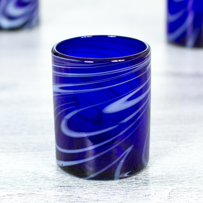 Blown glass rock glasses, 'Whirling Cobalt' (set of 6) - 6 Hand Blown Blue-White 11 oz Rock Glasses from Mexico