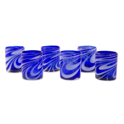 Blown glass rock glasses, 'Whirling Cobalt' (set of 6) - 6 Hand Blown Blue-White 11 oz Rock Glasses from Mexico
