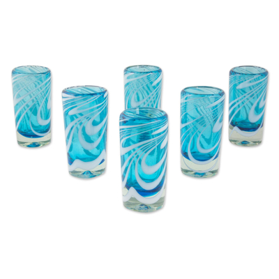 Hand blown shot glasses, 'Whirling Aquamarine' (set of 6) - 6 Hand Blown Shot Glasses in Aqua and White from Mexico