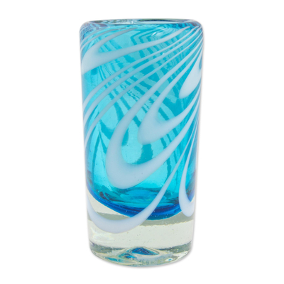 Hand blown shot glasses, 'Whirling Aquamarine' (set of 6) - 6 Hand Blown Shot Glasses in Aqua and White from Mexico