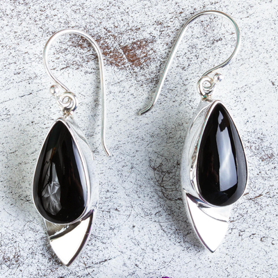 Obsidian-Ohrhänger - Zeitgenössische Obsidian-Ohrringe aus Taxco 950 Silber