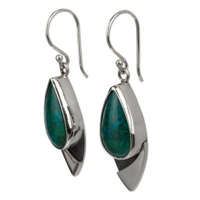 Chrysocolla dangle earrings, 'Ocean's Edge' - Mexican Contemporary Chrysocolla Earrings in Taxco Silver