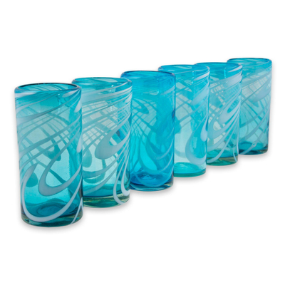 Hand blown highball glasses, 'Whirling Aquamarine' (set of 6) - 6 Hand Blown 13 oz Aqua-White Highball Glasses from Mexico