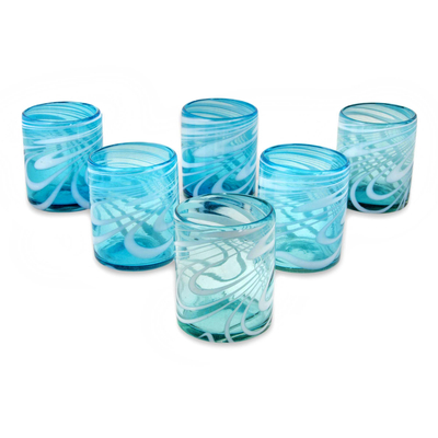 Blown glass rock glasses, 'Whirling Aquamarine' (set of 6) - 6 Mexican Hand Blown 11 oz Rock Glasses in Aqua and White