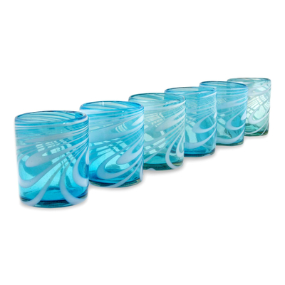 Hand blown rock glasses, 'Whirling Aquamarine' (set of 6) - 6 Mexican Hand Blown 11 oz Rock Glasses in Aqua and White