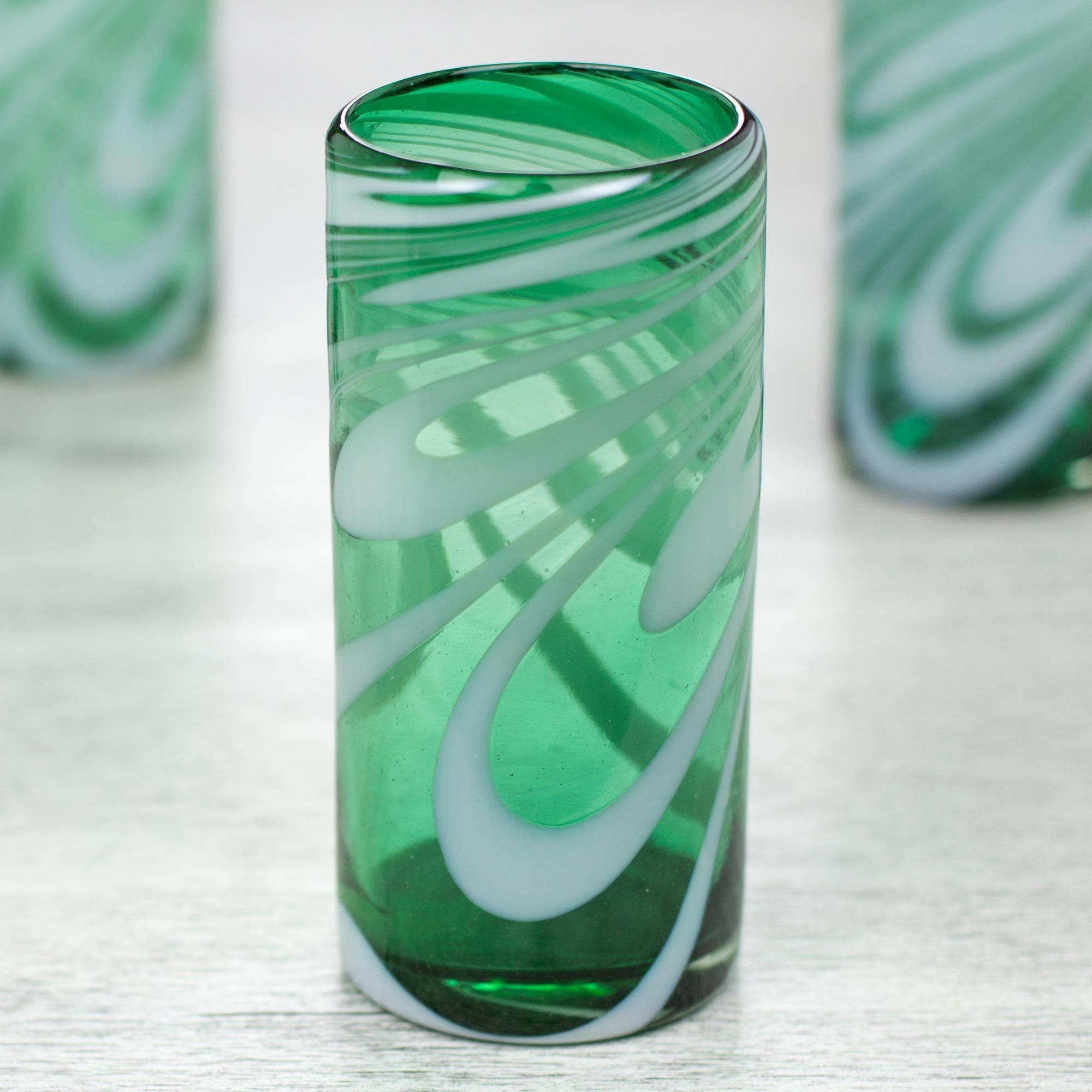 Set of 6 Green and White Hand Blown 13 oz Highball Glasses Whirling