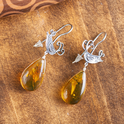 Amber dangle earrings, 'Flirty Birds' - Sterling Silver Bird Earrings with Amber Droplets