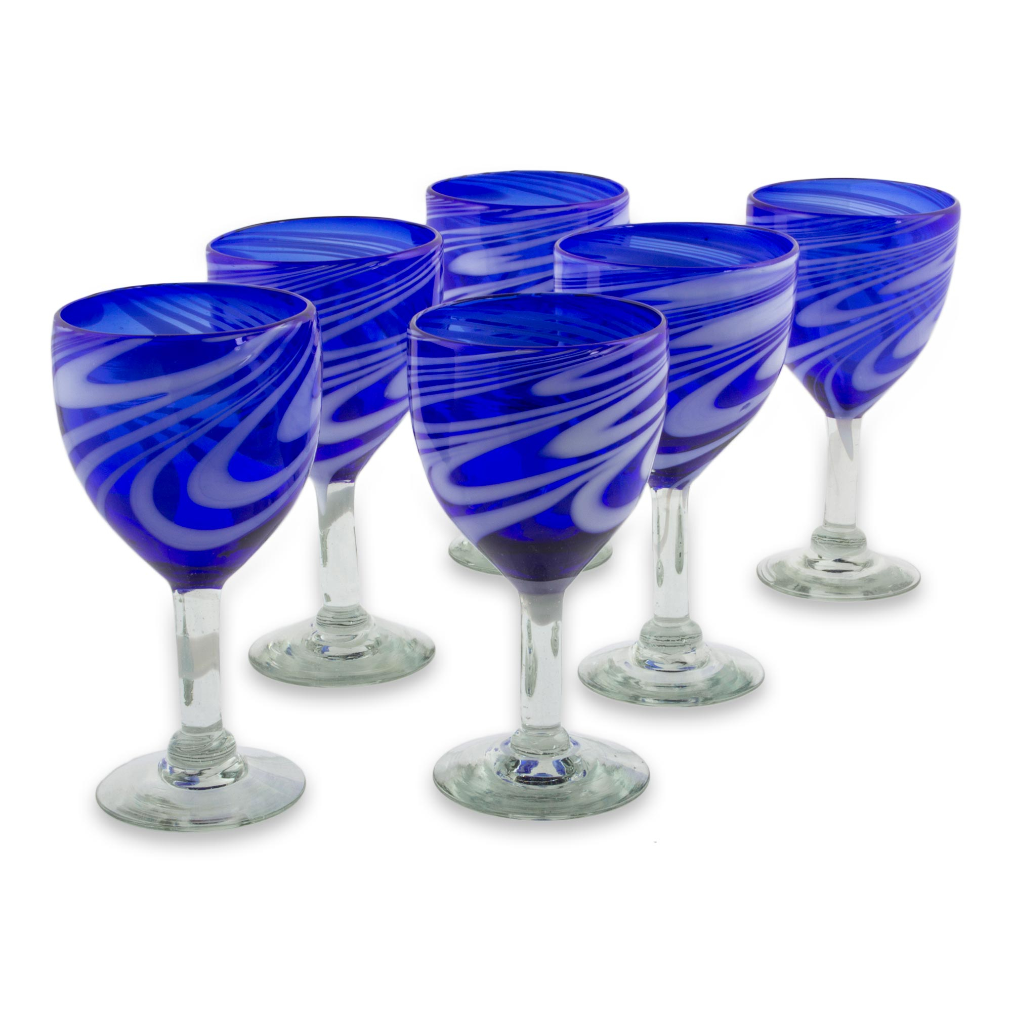 6 Hand Blown 10 oz Blue-White Wine Glasses from Mexico - Whirling ...