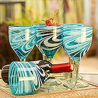 Hand blown wine glasses, 'Whirling Aquamarine' (set of 6) - 6 Hand Blown Wine Glasses in Aqua and White from Mexico