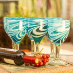 Blown glass wine glasses, 'Whirling Aquamarine' (set of 6) - 6 Hand Blown Wine Glasses in Aqua and White from Mexico