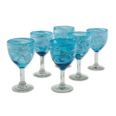 Handblown wine glasses, 'Whirling Aquamarine' (set of 6) - 6 Hand Blown Wine Glasses in Aqua and White from Mexico