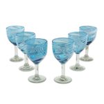 Blown glass wine glasses, 'Whirling Aquamarine' (set of 6) - 6 Hand Blown Wine Glasses in Aqua and White from Mexico