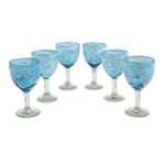 Blown glass wine glasses, 'Whirling Aquamarine' (set of 6) - 6 Hand Blown Wine Glasses in Aqua and White from Mexico