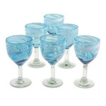 Blown glass wine glasses, 'Whirling Aquamarine' (set of 6) - 6 Hand Blown Wine Glasses in Aqua and White from Mexico