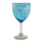 Blown glass wine glasses, 'Whirling Aquamarine' (set of 6) - 6 Hand Blown Wine Glasses in Aqua and White from Mexico